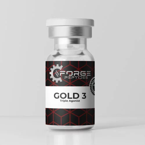 Forge Peptides Gold 3 triple agonist vial with black and red label on a white background