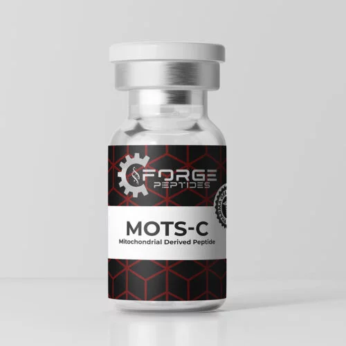 Forge Peptides MOTS-C vial with black and red label, mitochondrial derived peptide, on a white background