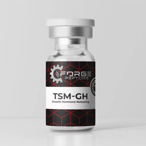 Forge Peptides TSM-GH tesamorelin vial with black and red label on a white background