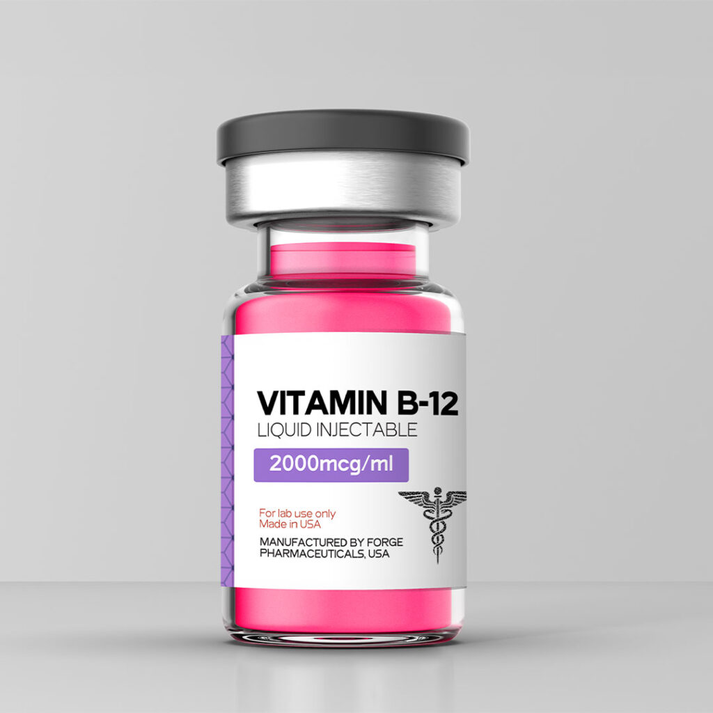 Vitamin B-12 liquid injectable 2,000mcg per mL in a 5mL vial with a pink label, manufactured by Forge Pharmaceuticals