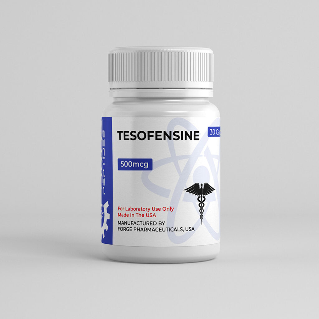 Tesofensine bottle with a blue label, 500mcg capsules, 30 count, manufactured by Forge Pharmaceuticals