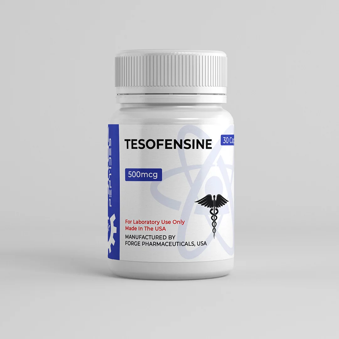 Tesofensine bottle with a blue label, 500mcg capsules, 30 count, manufactured by Forge Pharmaceuticals