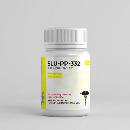 SLU-PP-332 bottle with a yellow label, 1000mcg sublingual tablets, 60 count, manufactured by Forge Pharmaceuticals