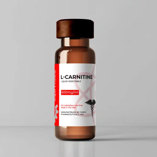L-Carnitine 600mg per mL in an amber glass vial with a red label on a white background