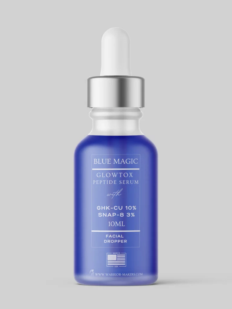 Blue Magic Glowtox peptide serum in a 10mL blue dropper bottle with GHK-Cu and vitamin E