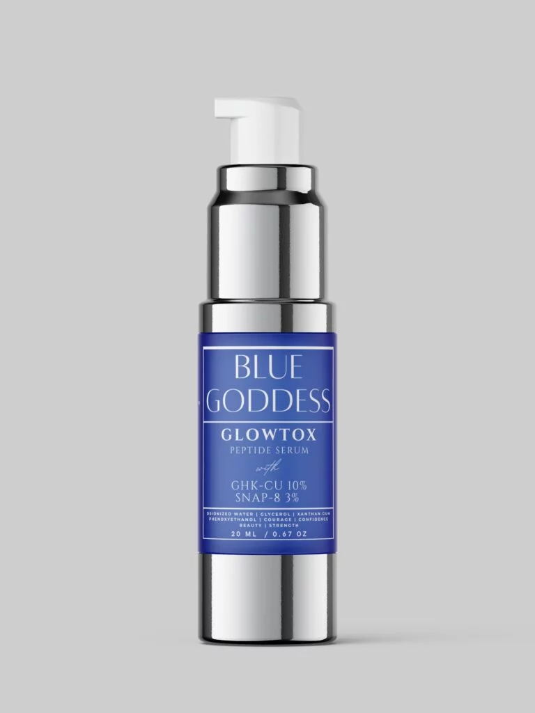 Blue Goddess Glowtox peptide serum in a 20mL silver airless pump bottle