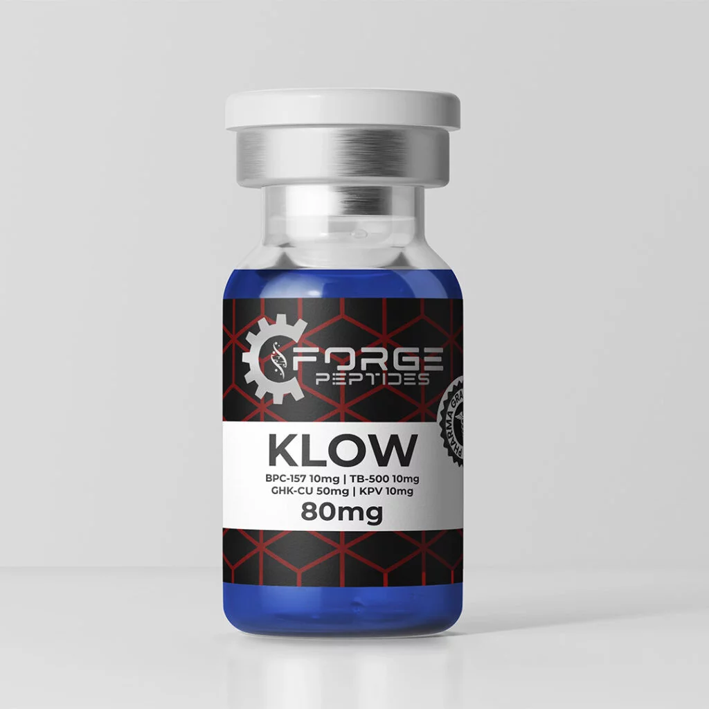 Forge Peptides KLOW blend 80mg vial with a blue label, combining BPC-157, TB-500, GHK-Cu and KPV