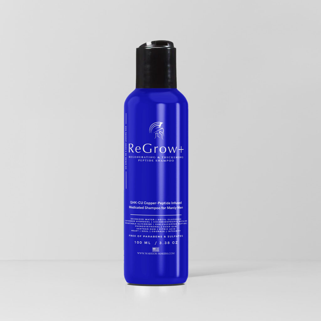 ReGrow Plus GHK-Cu copper peptide shampoo in a dark blue bottle with a black cap