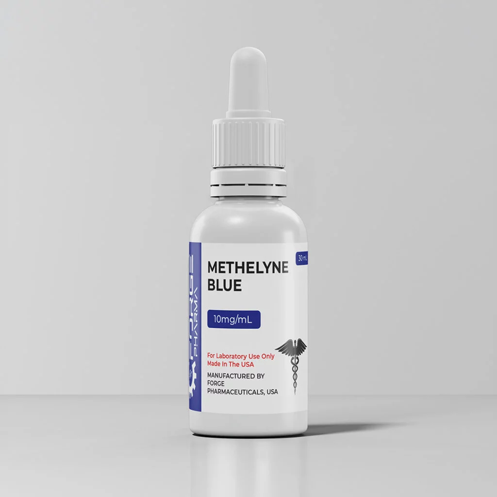 Methylene blue liquid dropper bottle, 10mg per mL in 30mL, manufactured by Forge Pharmaceuticals