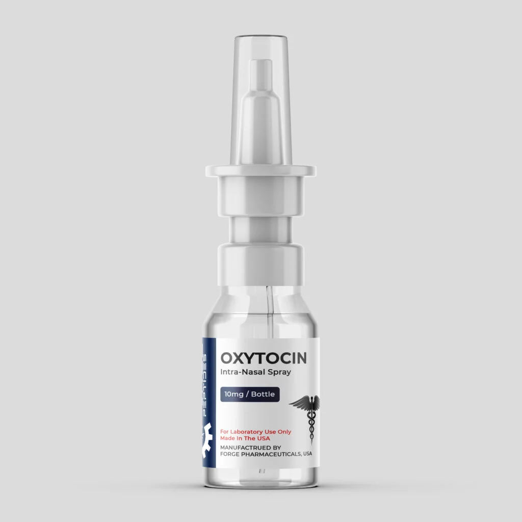 Oxytocin intra-nasal spray bottle, 10mg, on a white background