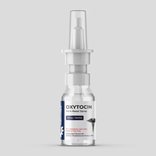 Oxytocin intra-nasal spray bottle, 10mg, on a white background