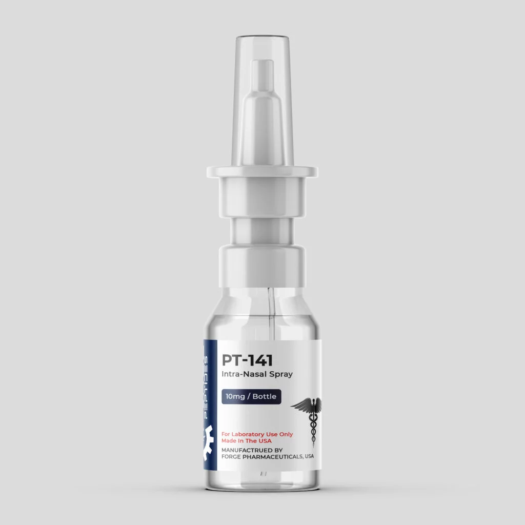 PT-141 intra-nasal spray bottle, 10mg bremelanotide, on a white background