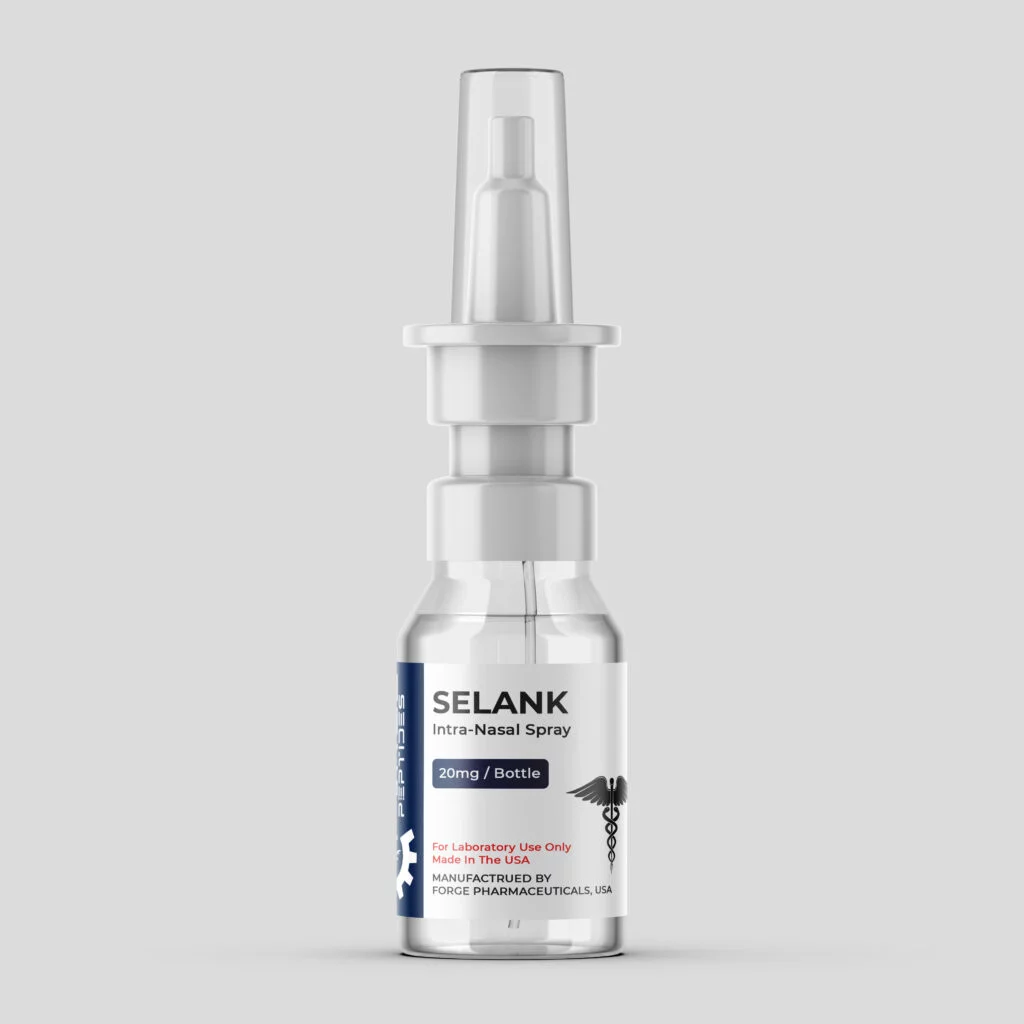 N-Acetyl Selank intra-nasal spray bottle, 20mg, on a white background