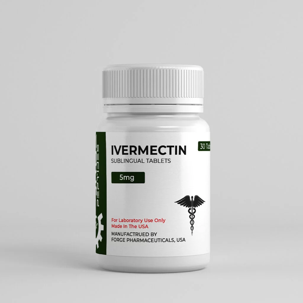 Ivermectin bottle with a green label, 5mg sublingual tablets, 30 count, manufactured by Forge Pharmaceuticals