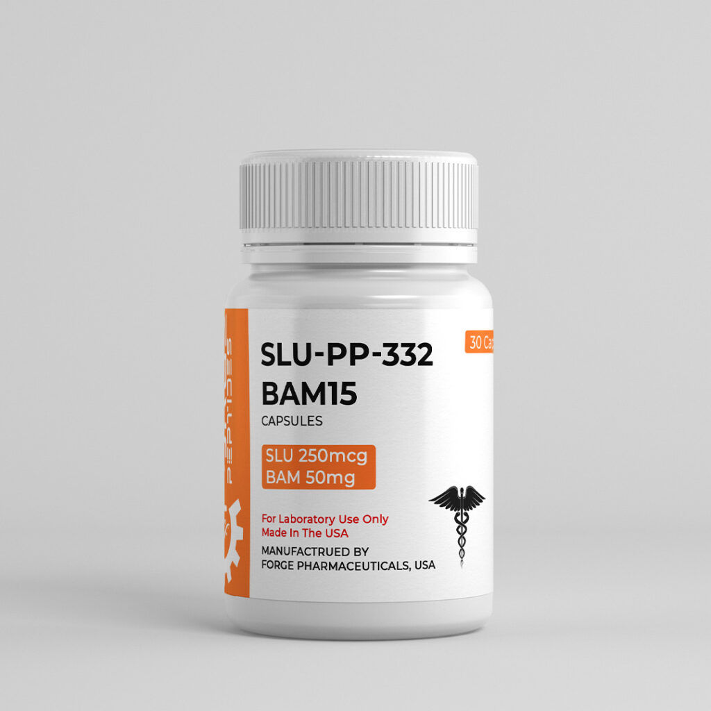SLU-PP-332 and BAM-15 bottle with an orange label, 250mcg plus 50mg capsules, 30 count
