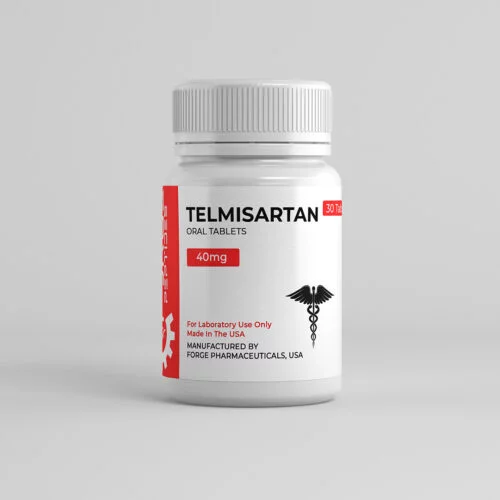 Telmisartan bottle with a red label, 40mg oral tablets, 30 count, manufactured by Forge Pharmaceuticals