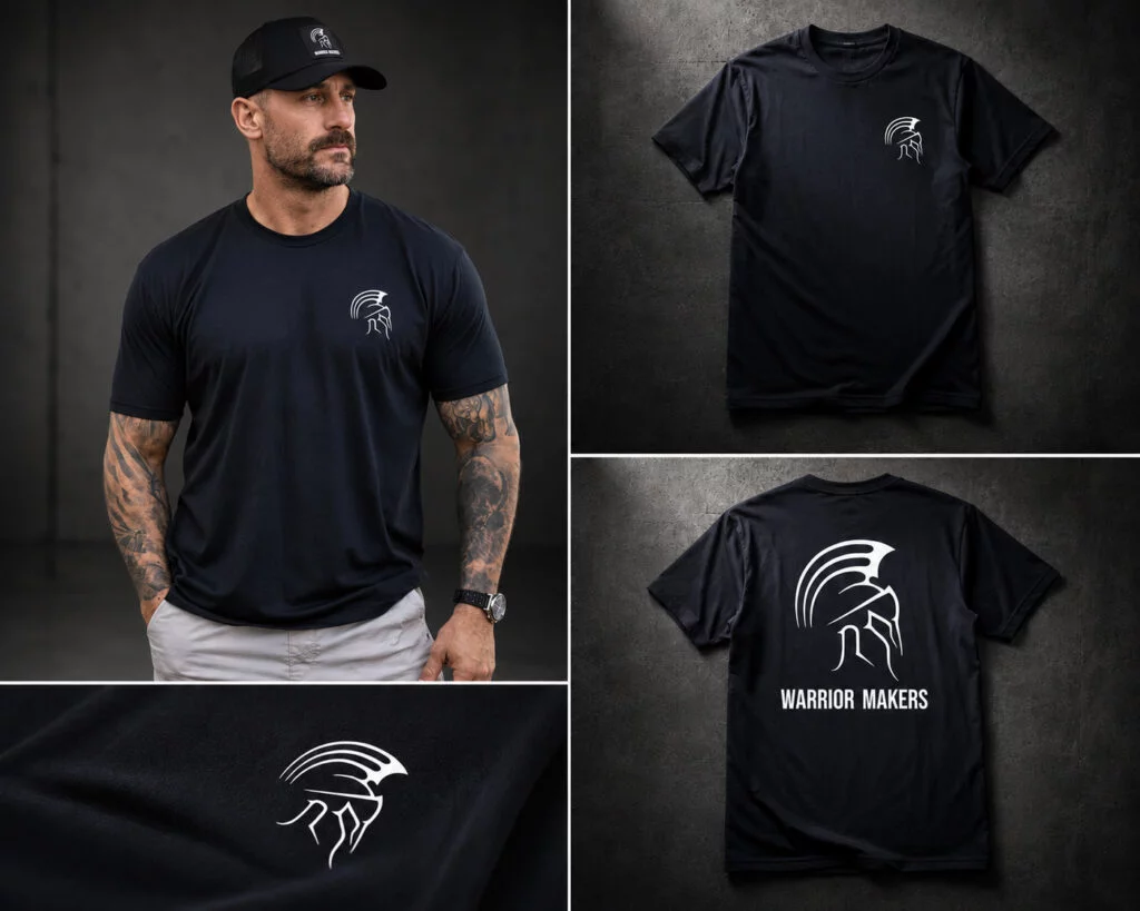Collage of a man wearing the Warrior Makers black t-shirt with close-ups of the chest logo and full back Spartan helmet print