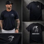 Collage of a man wearing the Warrior Makers black t-shirt with close-ups of the chest logo and full back Spartan helmet print