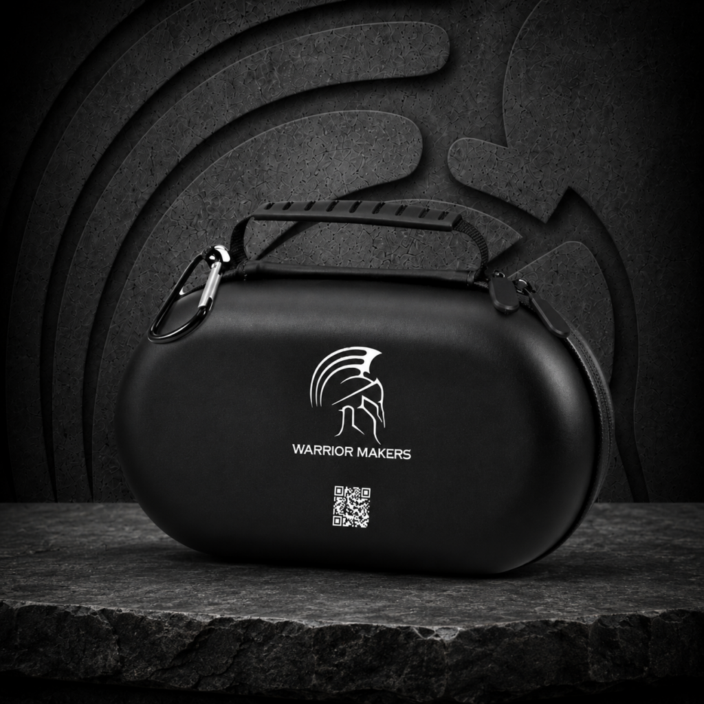 Black Warrior Makers peptide travel case with carry handle and Spartan helmet logo on a stone surface in front of a dark Spartan helmet backdrop