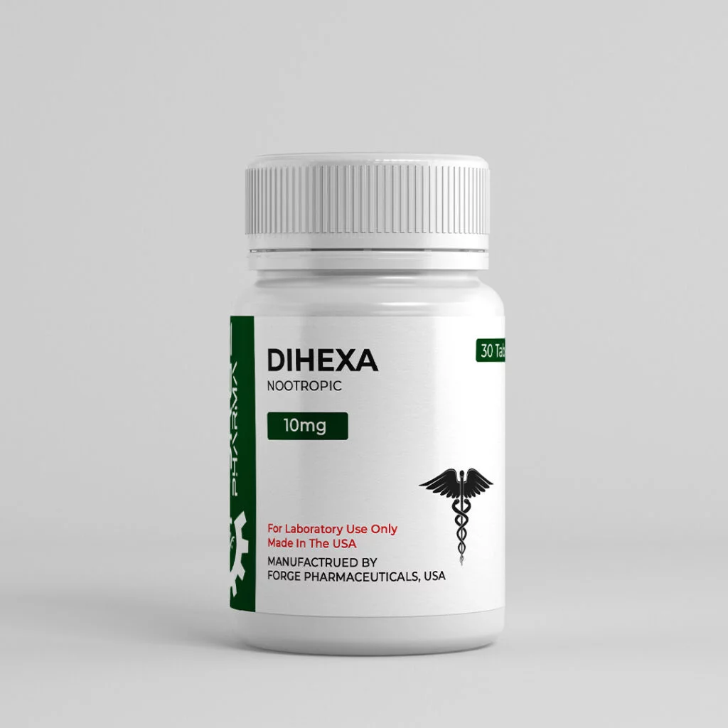 Dihexa bottle with a green label, 10mg nootropic capsules, 30 count, manufactured by Forge Pharmaceuticals