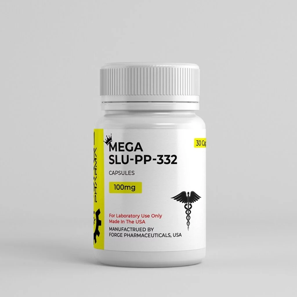 Mega SLU-PP-332 bottle with a yellow label, 100mg capsules, 30 count, manufactured by Forge Pharmaceuticals