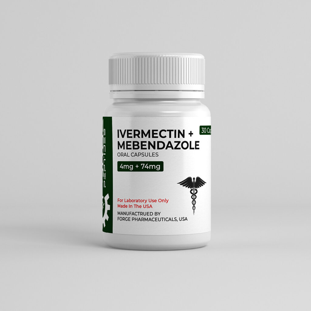 Ivermectin and mebendazole bottle, 4mg plus 74mg tablets, 30 count, manufactured by Forge Pharmaceuticals
