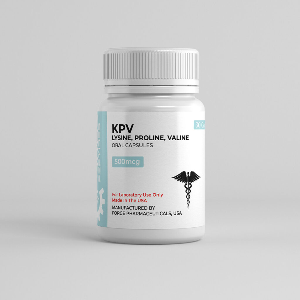 KPV capsules bottle, 500mcg lysine proline valine oral capsules, 30 count, manufactured by Forge Pharmaceuticals