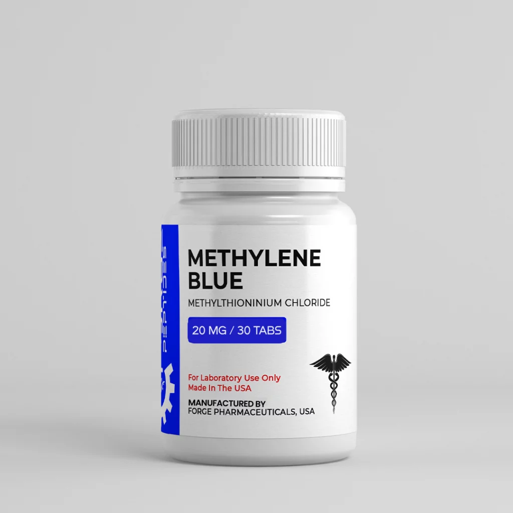 Methylene blue bottle, 20mg methylthioninium chloride tablets, 30 count, manufactured by Forge Pharmaceuticals