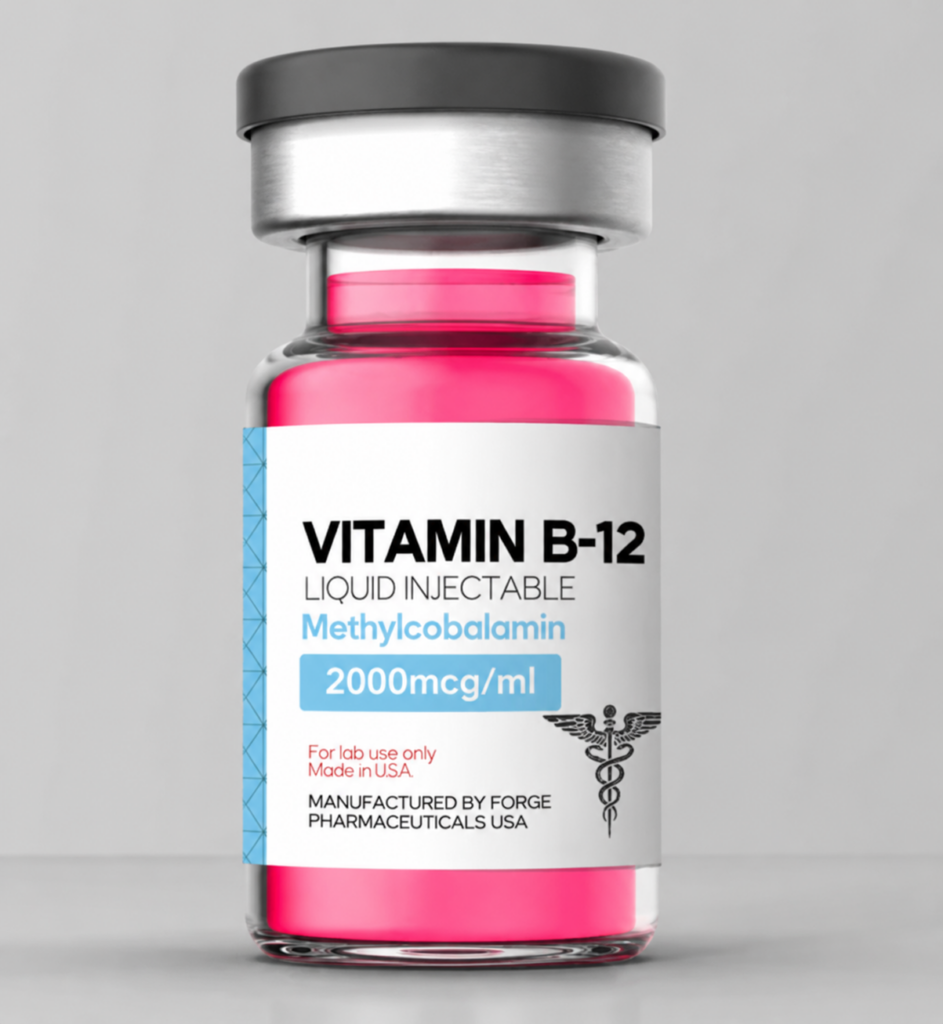 Vitamin B-12 liquid injectable, 2,000mcg per mL methylcobalamin in a 10mL vial with a pink label