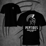 Black Warrior Makers PEPTIDES t-shirt shown front and back, with Spartan helmet chest logo and large PEPTIDES back print