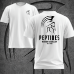White Warrior Makers PEPTIDES t-shirt shown front and back, with Spartan helmet chest logo and large PEPTIDES back print