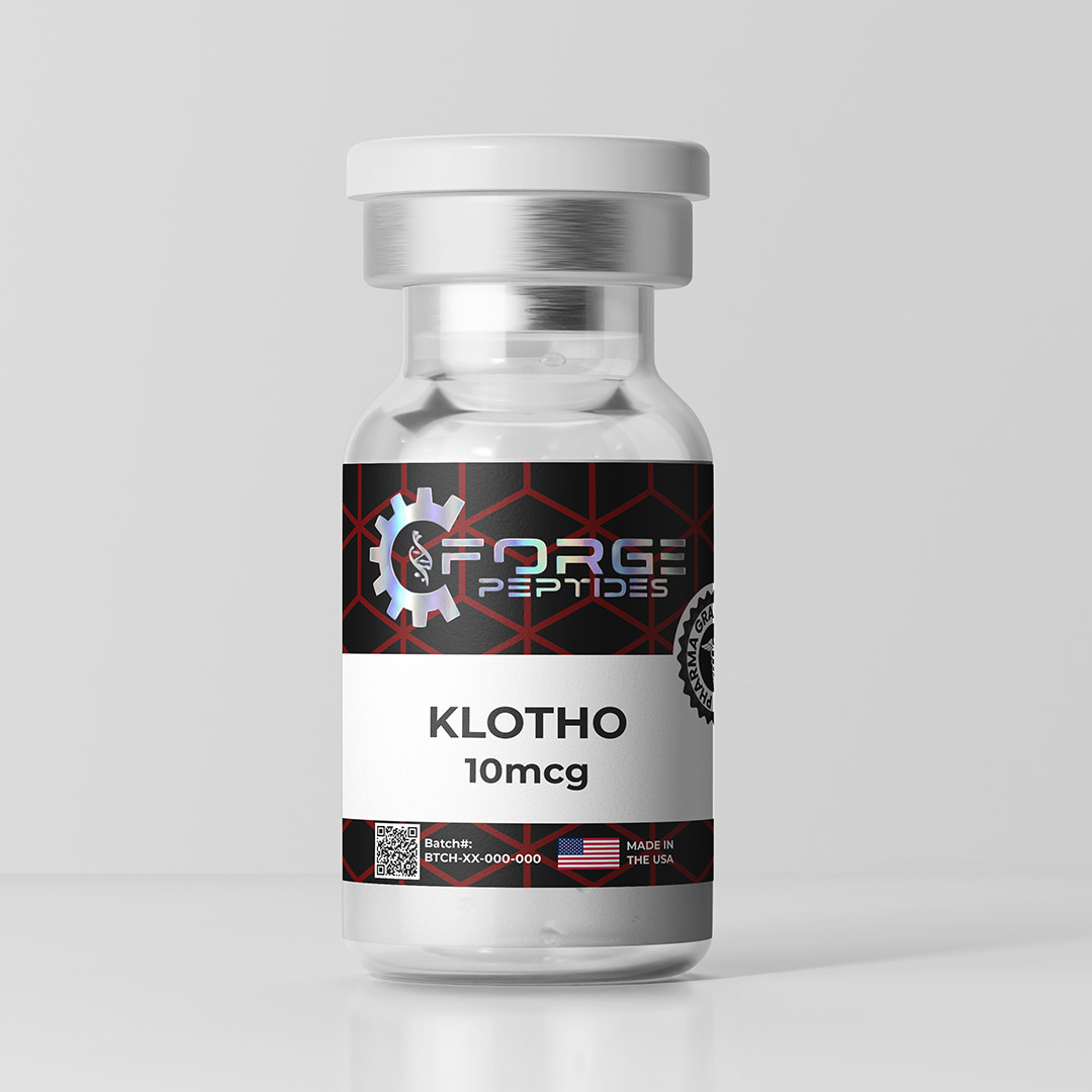 Forge Peptides Klotho 10mcg vial with black label on a white surface